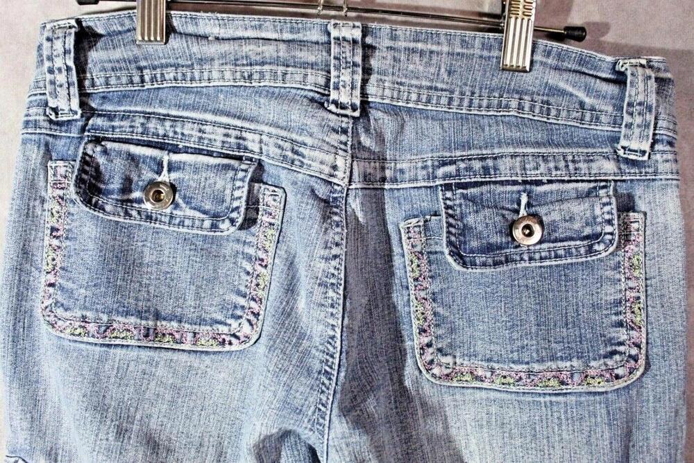 Apollo Jeans Girls Size 5/6 Blue Light Wash Relaxed Cargo Denim Embroidered Trim